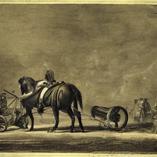 Image similar to a horse pulling a big canon behind his him. the canon is harnessed to the horse and towed