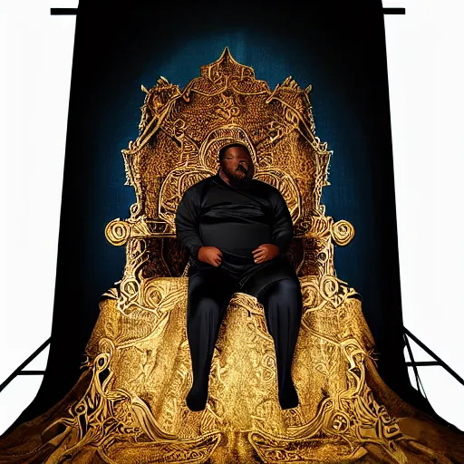 Image similar to Large black man sitting on throne wrapped in silk, background made of large folding curtains, blacklight lighting, dark, hyper detailed, hyper realistic, 8K phot realistic,