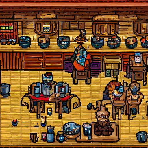 Prompt: A warm lit tavern filled with adventurers, pixel art, detailed