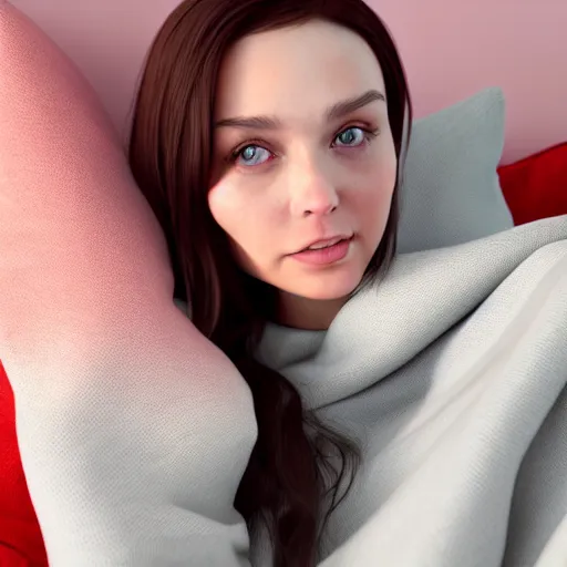 Prompt: 3 d render of a cute thin young woman, red blush, wearing casual clothes, small smile, relaxing on a couch, cozy under a blanket, cozy living room, medium shot, 8 k, octane render, trending on artstation, art by artgerm, unreal engine 5, hyperrealism, hyperdetailed, ultra realistic