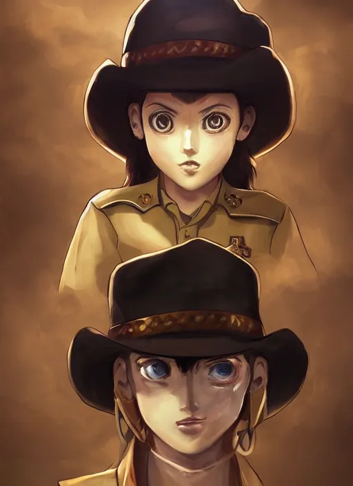 Image similar to a portrait one person, complexity, global lighting, detail, ultra sharpness, beautiful female sheriff body from games yoshihiro togashi style, big eyes, plump lips, a gunshot, global lighting, western saloon theme, detailed faces, blank faces, style by huyy nguyen, cowboy bebop art style