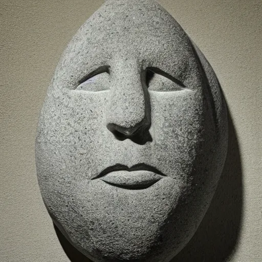 Image similar to by cerith wyn evans placid. a computer art of a large granite boulder carved to resemble a human face. the nose is slightly upturned, & the eyes & mouth are closed.