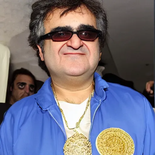 Prompt: jafar panahi mixed with john belushi and gordon brown, clean shaven, wearing an umbro sports tracksuit and gold necklace with large star shaped intricate gold medallion