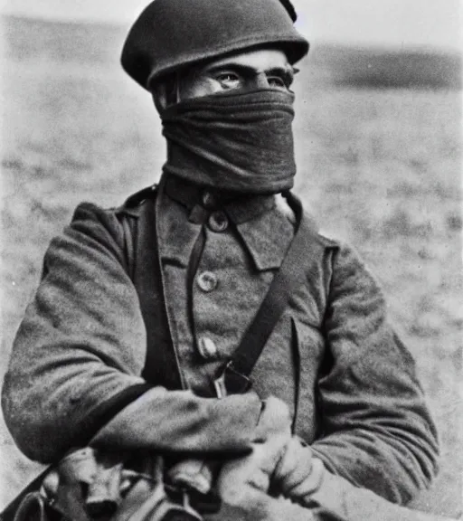 Prompt: a soldier wearing a cloth over face and head in distance, ww1 film photo, grainy, high detail, high resolution