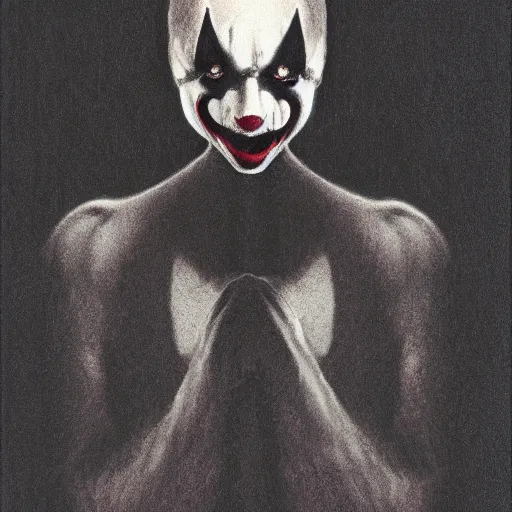 Image similar to Silhouette of a scary clown by Gerald Brom, film grain