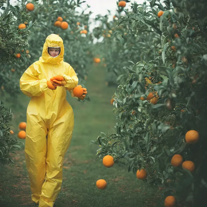 Prompt: a closeup portrait of a woman wearing a hazmat suit, picking oranges from a tree in an orchard, foggy, moody, photograph, by vincent desiderio, canon eos c 3 0 0, ƒ 1. 8, 3 5 mm, 8 k, medium - format print