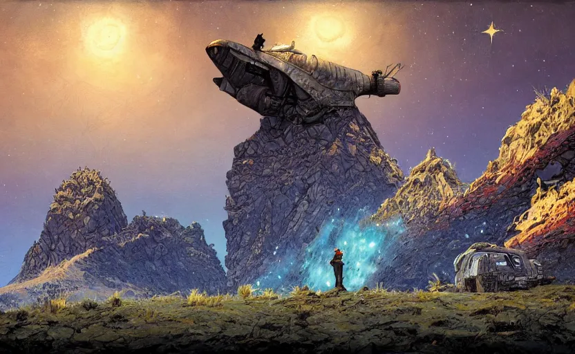 Prompt: mountains, stars and paisley filled sky, artstation, intricate, highly detailed, digital painting, concept art, sharp focus, illustration by Enki Bilal and Roger Dean