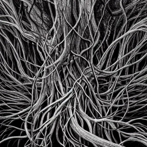 Prompt: award - winning painting of pitch black, tar - like, shadow roots with lots of tendrils spreading everywhere, intricate detail, deep black roots, infestation, shadowy, lovecraftian, beksinksi, black and white, monochrome