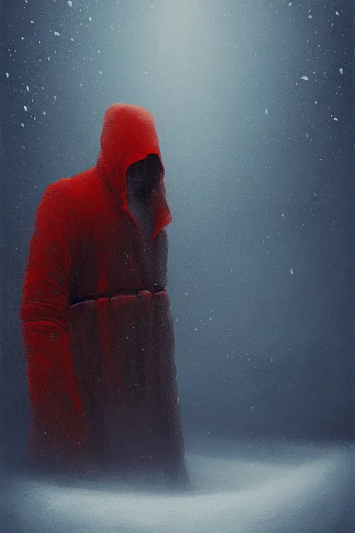 Image similar to a painting of a person standing in the snow, blizzard, a surrealist painting by zdzisław beksinski and by alena aenami, deviantart, nuclear art, dystopian art, apocalypse landscape, red color scheme, surrealist