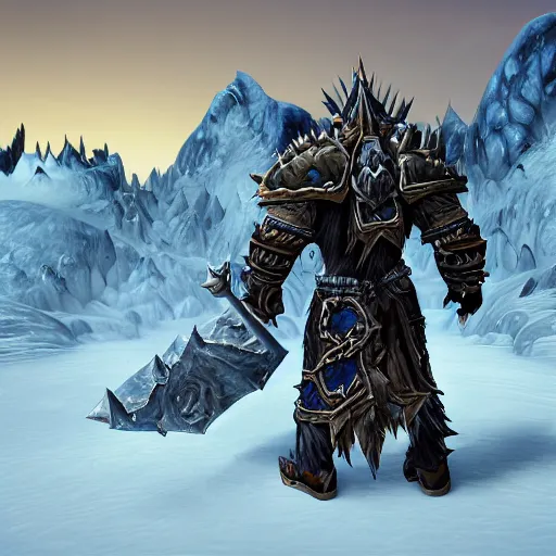 Image similar to world of warcraft orc warrior viewed from the back in spiky epic full plate armor standing in front of a vast icy land and dark icy mounatins in the background, extreely detailed, wow, cinematic, unreal engine 5, artistic, movie poster, world of warcraft cinematics style, only dark contrasting colours, colours ranging of blue white and black