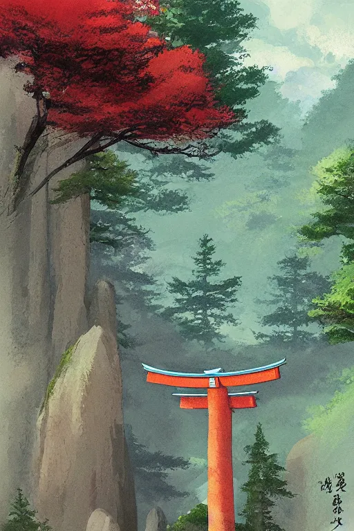 Image similar to Japanese Torii in a colorful moutain with beautiful trees ,morning , by studio ghibli painting, superior quality, masterpiece, traditional Japanese colors, by Grzegorz Rutkowski, concept art