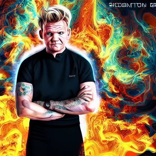 Image similar to photorealistic gordon ramsay is satan. hyperdetailed photorealism, 1 0 8 megapixels, amazing depth, high resolution, 3 d shading, 3 d finalrender, 3 d cinematic lighting, glowing rich colors, psychedelic overtones, artstation concept art.