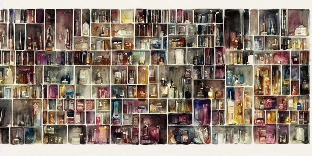 Prompt: a beautiful insanely intricate watercolor illustration of modern shelf with perfumes, colorfull, by william turner art, by greg rutkowski, by james jean, by rossdraws, by frank franzzeta, by sakimichan, by edmund dulac, trending on artstation, insanely detailed, masterpiece,