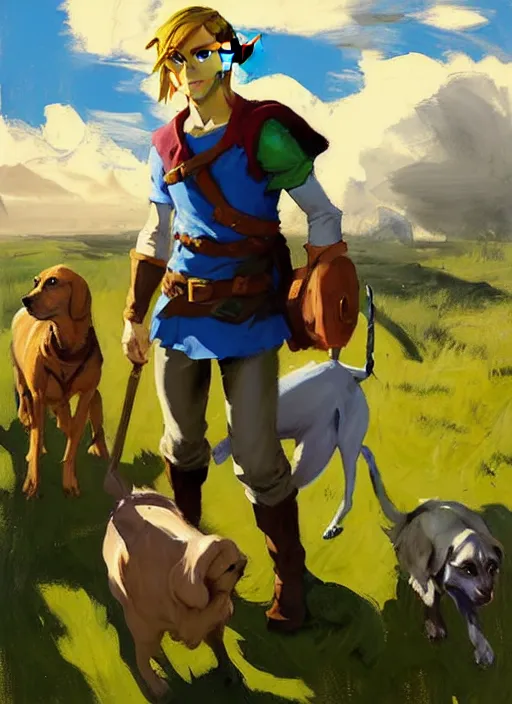 Image similar to Greg Manchess painting of Link from Legend of Zelda in casual wear out with the dogs, countryside, fantasy character portrait, dynamic pose, above view, sunny day, thunder clouds in the sky, artwork by Jeremy Lipkin and Giuseppe Dangelico Pino and Michael Garmash and Rob Rey, very coherent asymmetrical artwork, sharp edges, perfect face, simple form, wacky, 100mm