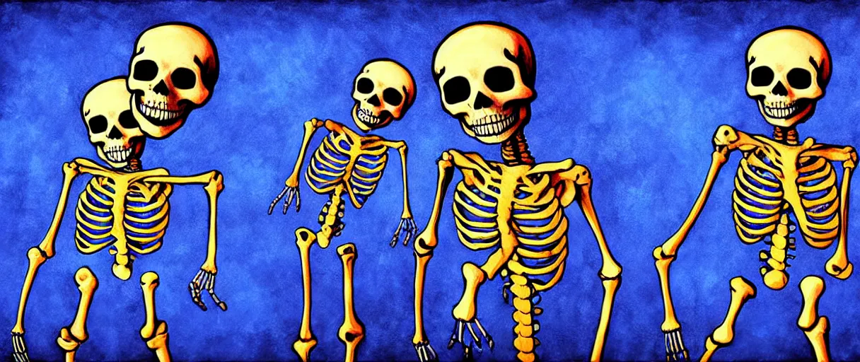 Image similar to hyperrealistic popart very cute milticolored medieval skeletons dancing jason limon digital painting dramatic blue lighting wide angle hd 8k sharp shallow depth of field