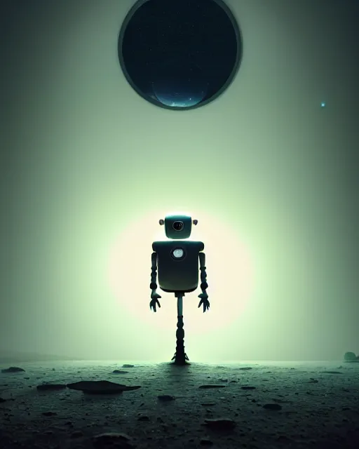 Image similar to gediminas pranckevicius, a robot standing in front of a glowy open door that's on a barren moon, poster art by mike winkelmann, trending on cg society, space art, sci - fi, ue 5, futuristic, volumetric lighting, light casting onto the ground, neat composition and camera angle