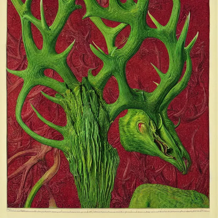 Image similar to close up portrait of a mutant monster creature with ten antlers growing in fractal forms, face in the shape of a colorful exotic carnivorous plant. by jan van eyck, walton ford