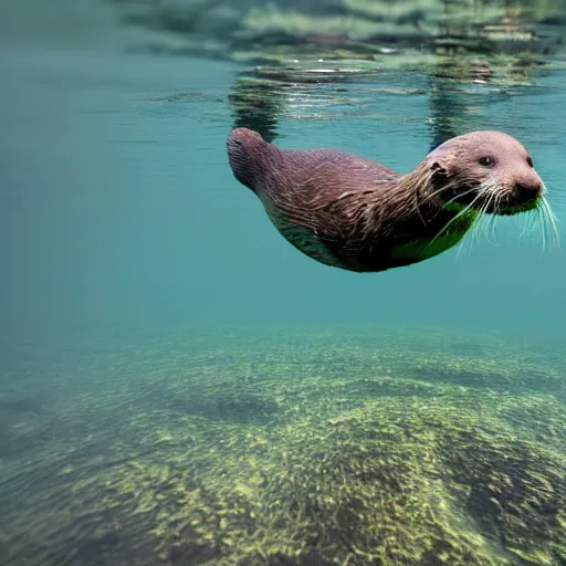 Prompt: One man and one otter swimming alongside him. Award-winning, front view, daylight, photoreallrstic, 4k