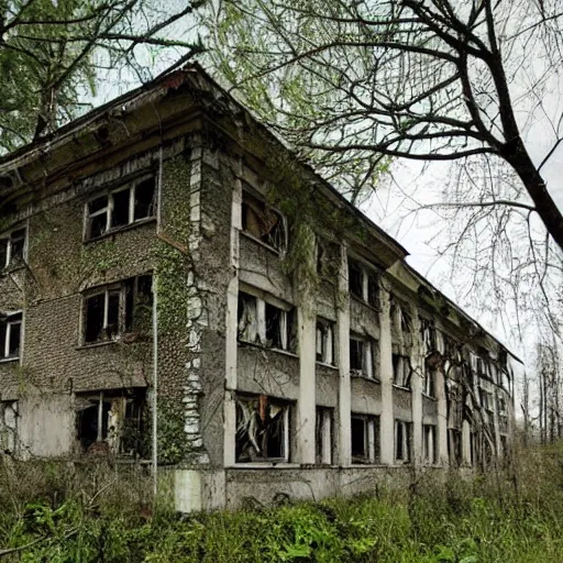 Prompt: an abandoned hospital overgrown and reclaimed by nature, Russian abandoned hospital