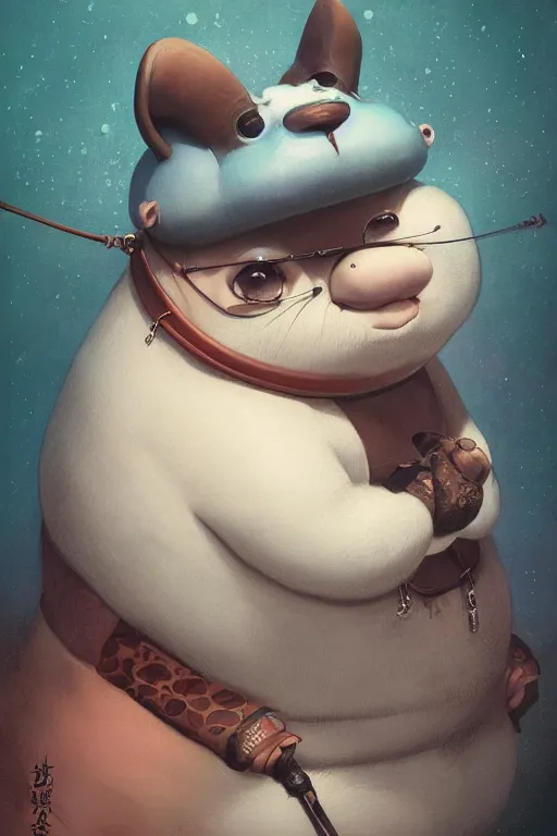 Image similar to a portrait of a fatty cute japanese animal illustrated by miyazaki by karol bak, james jean, tom bagshaw, rococo, sharp focus, trending on artstation, cinematic lighting, hyper realism, octane render, 8 k, hyper detailed, vivid, ultra detailed, highly detailed