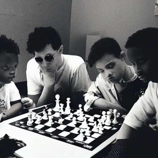 Image similar to “ a group of matty healys sit around a game of chess ”