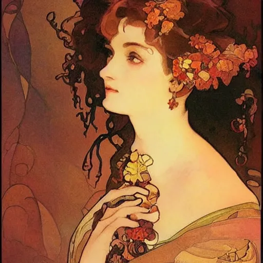 Image similar to beautiful woman's sideface, beautiful background, by alfons maria mucha, highly detailded