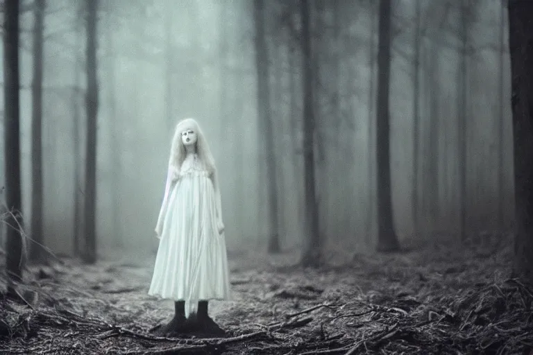 Image similar to a sad ghostly girl in the dark forest by Natalia Drepina