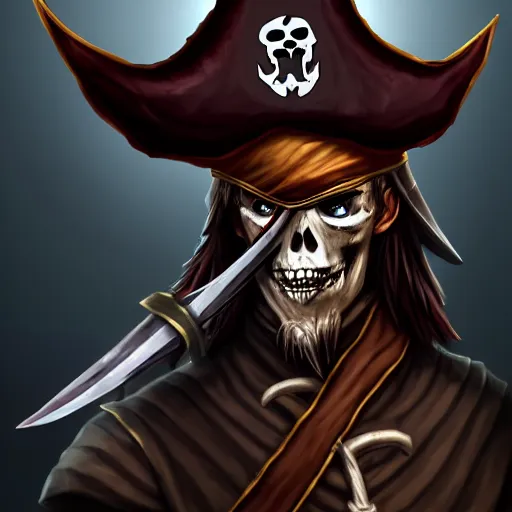 Image similar to Undead pirate captain wielding a sandstone rapier and sandstone dagger, weapons made of sandstone, he wears a hat with an impressive feather and with a brutal scar across his scarred neck, DnD character art portrait, Dark magic, necromancy, dark lighting, flux. High fantasy, digital painting, HD, 4k