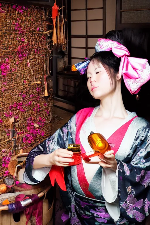 Prompt: photo of a witch, young woman, preparing potion, high heels, japanese kimono