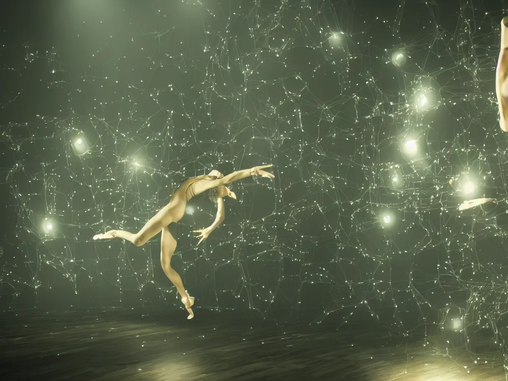 Image similar to a dancer in matrix heaven, surrounded by machines, volumetric lighting, highly detailed