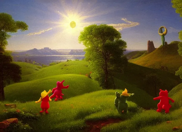 Image similar to american realist romanticism landscape painting of teletubbies in the style of hudson river school and thomas cole and albert bierstadt and robert duncanson