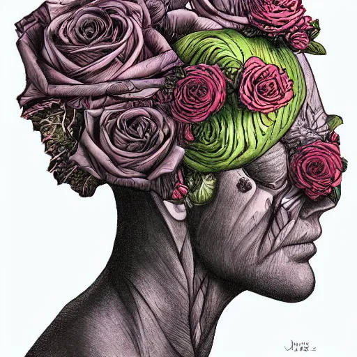 Image similar to the anatomy of a head of lettuce with roses, an ultrafine detailed painting by james jean, intricate linework, bright colors, final fantasy, behance contest winner, vanitas, angular, altermodern, unreal engine
