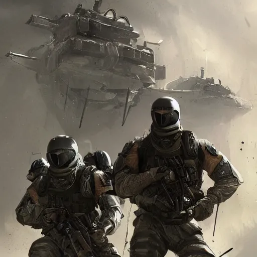 Image similar to Mercenary Special Forces in grey uniforms with black armored vests rescuing wounded comrades in 2020, by Cedric Peyravernay, highly detailed, excellent composition, cinematic concept art, dramatic lighting, trending on ArtStation