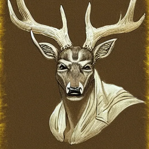 Prompt: God of the hunt in all of its forms and perseverance. Often depicted as a deer skulled humanoid. Resides in the Beastlands