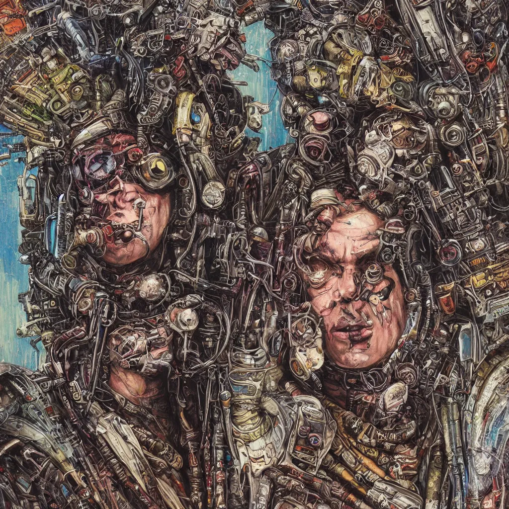 Image similar to A dramatic full-color cyberpunk art nouveau styled bust portrait of philthy animal taylor as a futuristic space punk rebel drum soldier, hyperdetailed mixed media artwork combining the styles of Travis Charest, Michael Whelan, Chris Achilleos and Sam Kieth, wild power, stoicism, pessimism, confident shaded eyes, tarnished and rusted metal, wrought iron architecture, perfectly symmetrical facial features, 8k, deeply hyperdetailed, cinematic lighting, realistic mechanical details, 8k, UHD, HDR