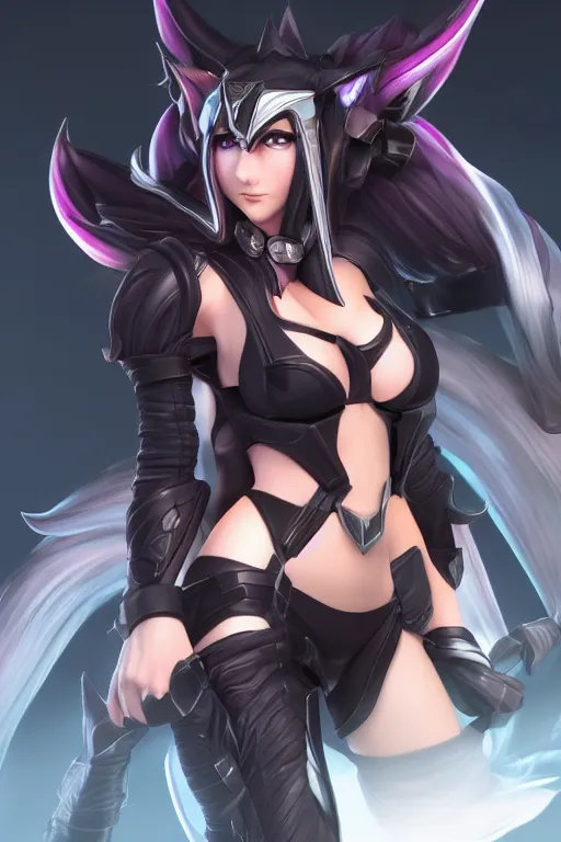 Image similar to Ahri from League of Legends, wearing fully kitted black special ops armor, cell shaded photography, octane render