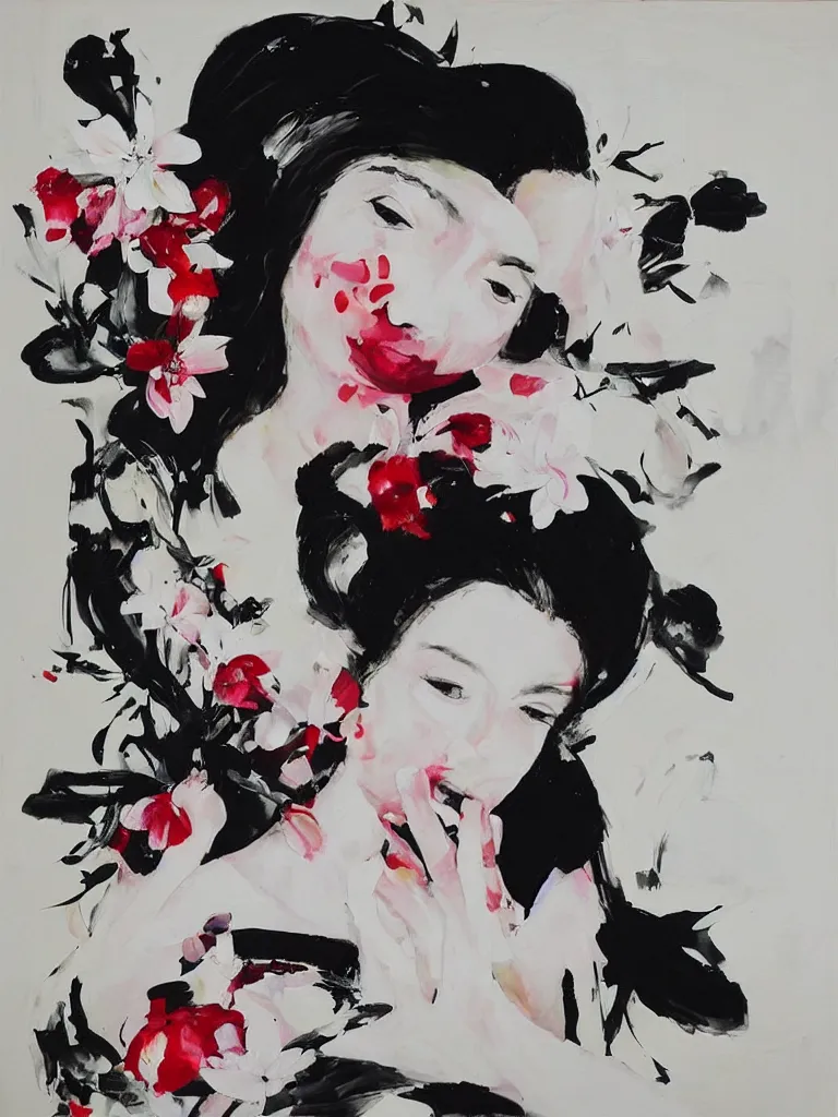 Image similar to “art in an Australian artist’s apartment, portrait of a woman wearing white cotton cloth, eating luscious fresh berries, white wax, edible flowers, Japanese pottery, ikebana, black walls, acrylic and spray paint and oilstick on canvas”