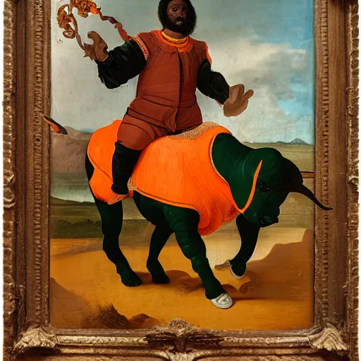 Image similar to photograph of a black man with afro hair wearing an army green adidas jacket riding an orange colored bull!!, renaissance style painting