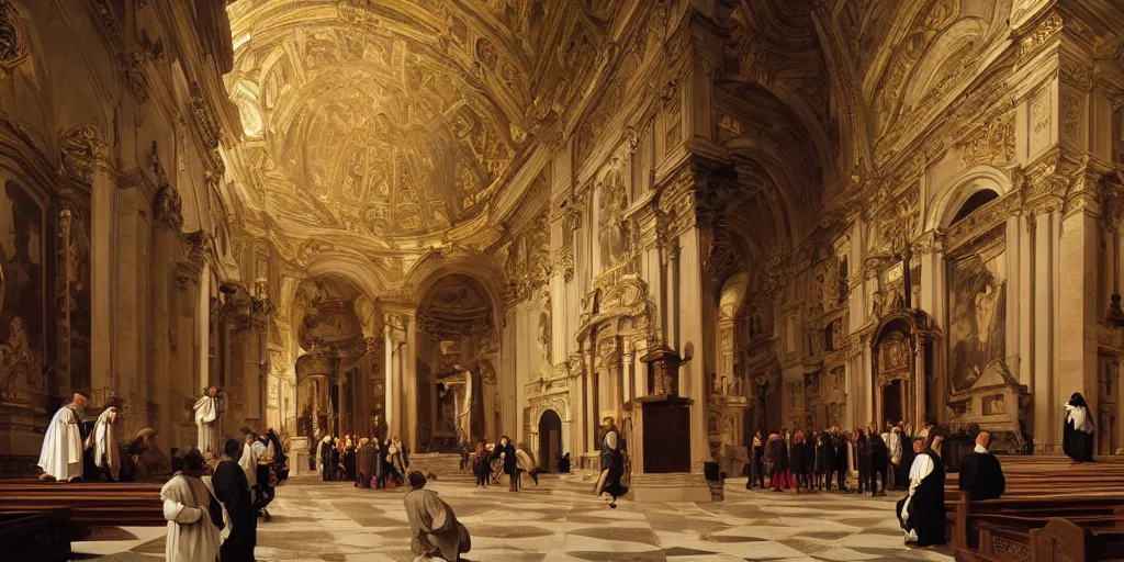 Image similar to beautiful oil matte portrait painting, priests holding a church ceremony inside a baroque cathedral, wonderful masterpiece highly detailed, beautiful cinematic light deep focus, elegant, digital painting, smooth, sharp focus, golden ratio, dramatic illumination, ultra realistic, 8 k, art by giovanni bellini and caravaggio