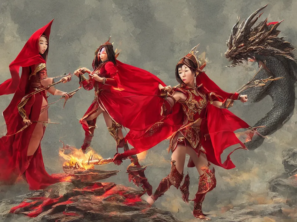 Image similar to a realistic asian fantasy illustration of a female elf mage in a scale mail and a red cape casting a fire spell in a shape of a dragon