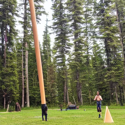 Prompt: Sasquatch practicing caber toss with trees