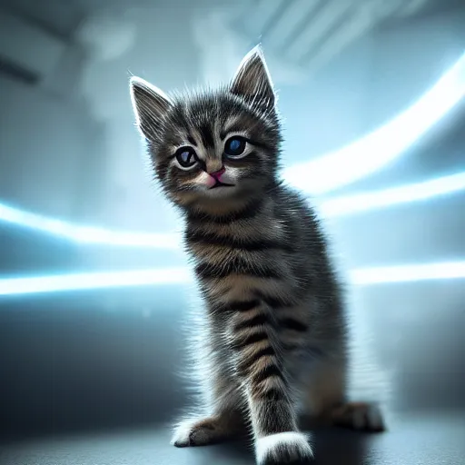 Image similar to full body pose, hyperrealistic photograph of kitten jedi, dim volumetric lighting, 8 k, octane beautifully detailed render, extremely hyper detailed, intricate, epic composition, cinematic lighting, masterpiece, trending on artstation, very very detailed, stunning, hdr, smooth, sharp focus, high resolution, award, winning photo, dslr, 5 0 mm