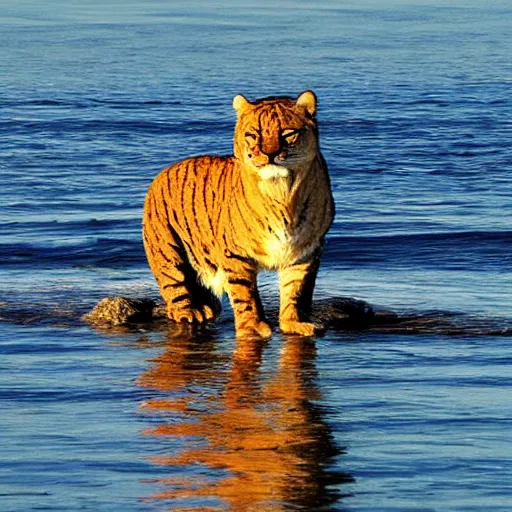 Image similar to “big cat by sea golden hour”