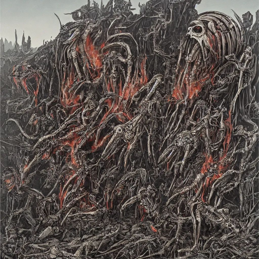 Prompt: metal album cover flaming chrome eagle skeleton wayne barlowe h. r. giger simon stalenhag