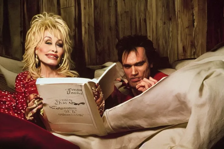 Prompt: portrait of dolly parton reading a bedtime story to jim carrey in bed,