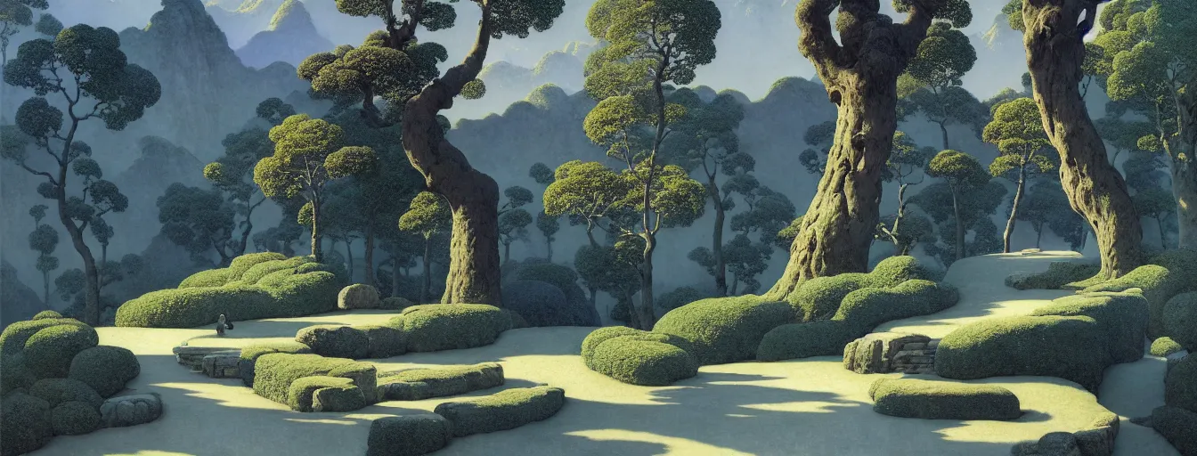 Image similar to a gorgeous very early spring landscape of tree canopies painting by barlowe wayne maxfield parrish and marco mazzoni. tree no leaf!!!! china mountain village!! grey blue and very little light verdancy. the winding stone steps. ultra clear detailed. 3 d, octane render. turbulent blood lake.