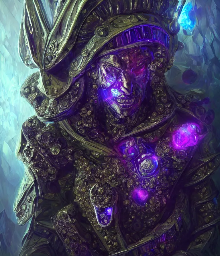 Image similar to front!!! shot of a court jester!!! character, mesmerizing fractal hypercubes, bismuth, dark holography!!!, future, metallic galactic, crystalline edges, polygonal, elegant, highly detailed, centered, (((artstation, concept art, jagged, sharp focus, artgerm, Tomasz Alen Kopera, Peter Mohrbacher, donato giancola, Joseph Christian Leyendecker, WLOP, Boris Vallejo))), ((raytracing)), mugshot!!!!!, ugly!!!!!!, octane render, nvidia raytracing demo, octane render, nvidia raytracing demo, octane render, nvidia raytracing demo, 8K