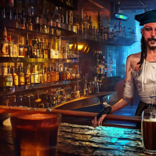 Image similar to high quality portrait of a pirate bartender in a cyberpunk cyberpunk cyberpunk cafe, realism, 8k, award winning photo