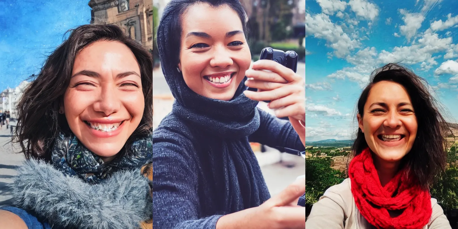 Prompt: a smiling women taking a zoomed out selfie, hyper realistic photography, highly detailed, sharp focus, good vibes, realistic, highly detailed attribute, award winning, art by portrait realistic illustrators, not wearing a red scarf, short hair