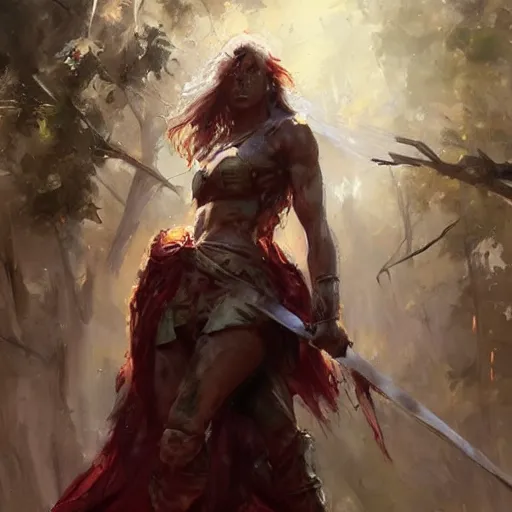 Prompt: a warrior returning from battle, destroyed forest, digital art, expressive oil painting, sadness, by Artgerm, by Michael Garmash, by Rob Rey, matte art